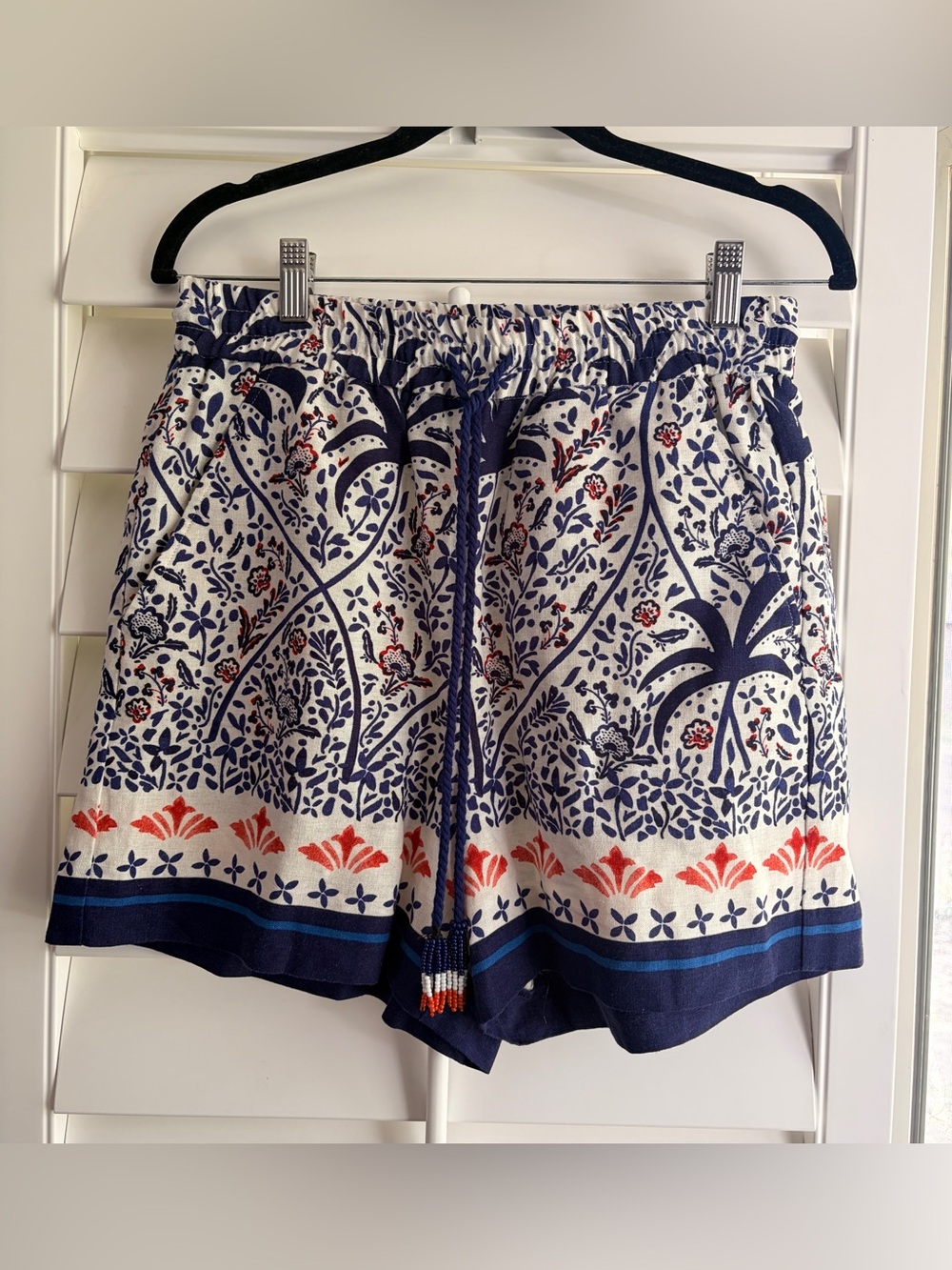Joie Navy, White and Red Floral High-Waist Drawstring Shorts